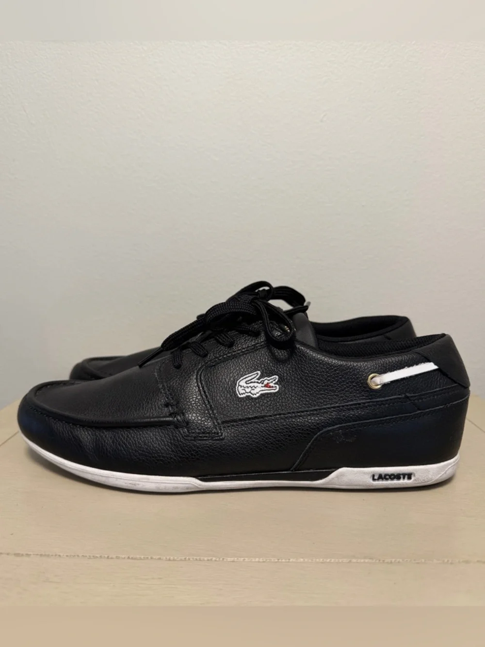 Lacoste Dreyfus AP Leather Boat Shoes Sneakers Black Sz 9.5 Moc Toe Low Top